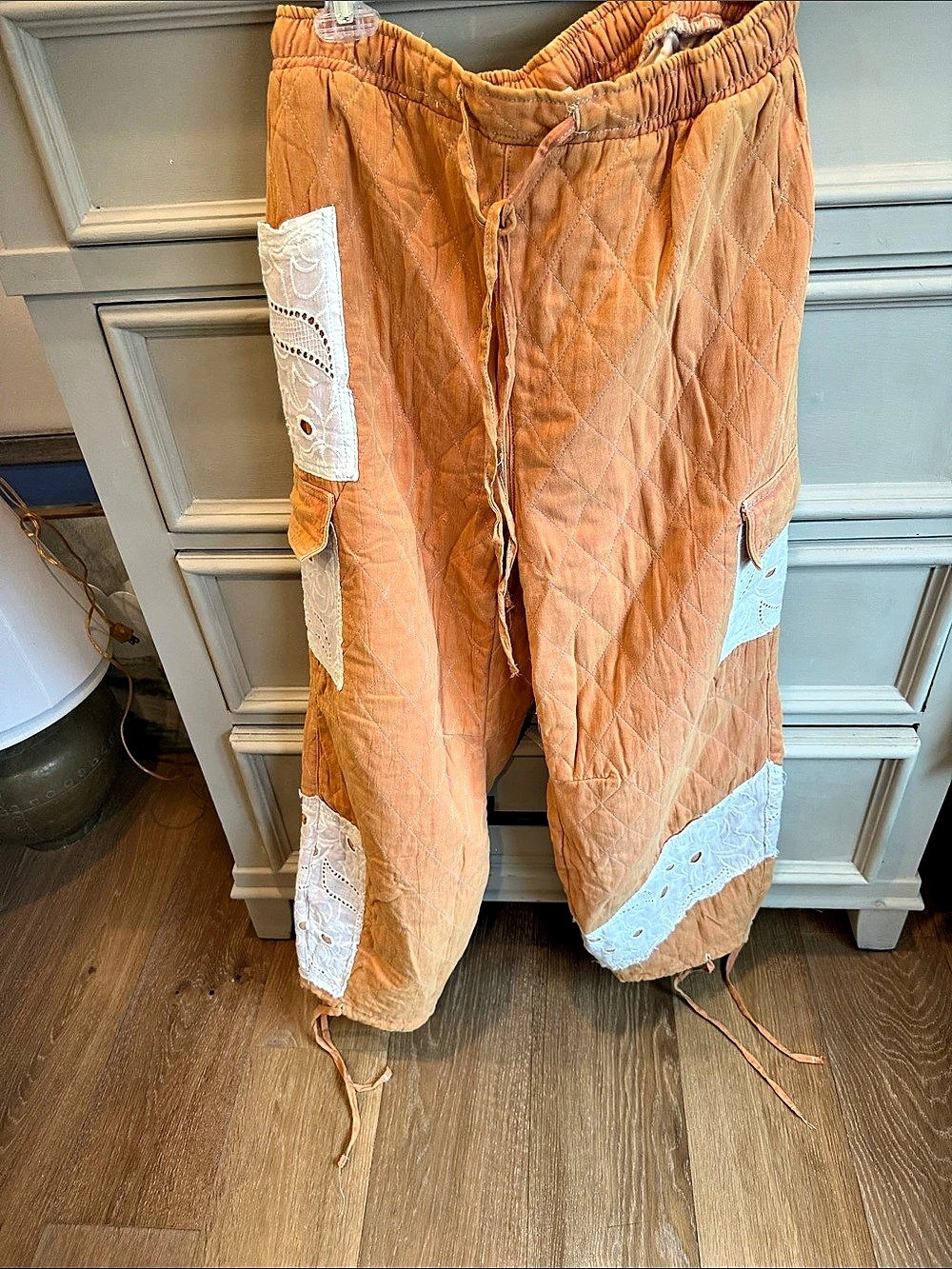 POL Lace Panel Cropped Pants in Orange & White Size Medium